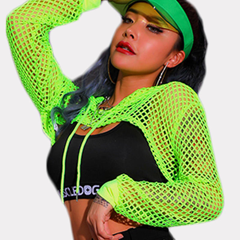 Neon green mesh hoodie crop top and black bra. Sexy and confident lingerie from Avidlove.