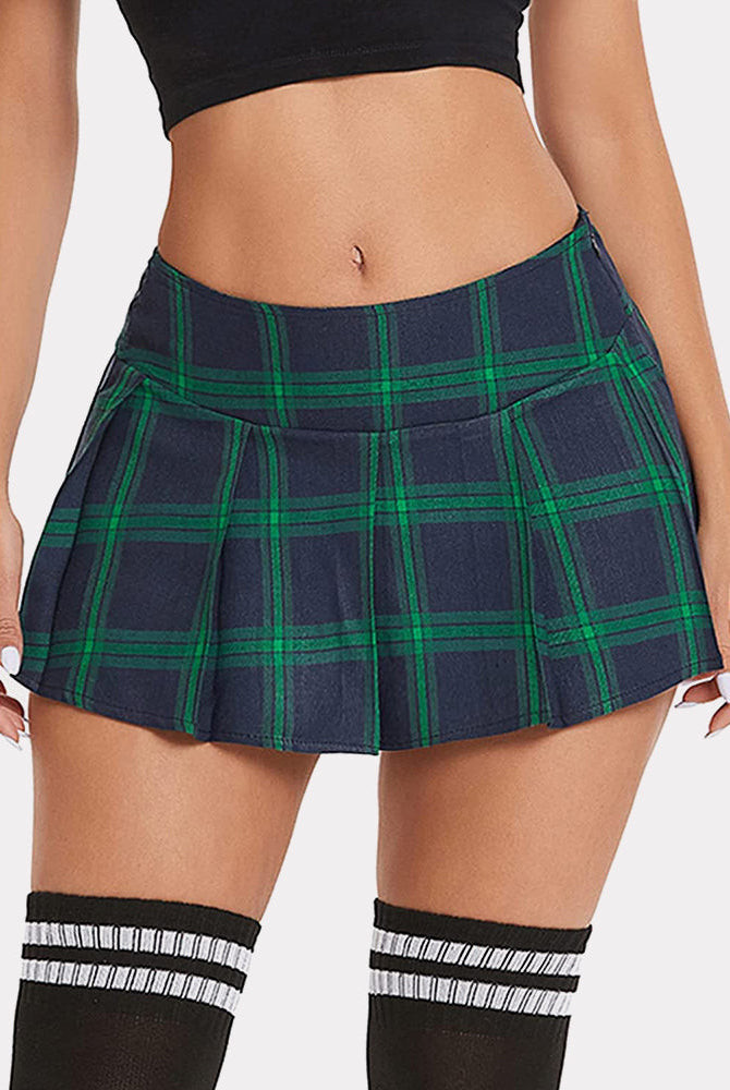 Green and navy plaid mini skirt. Pleated design, soft fabric, and comfortable style for women.