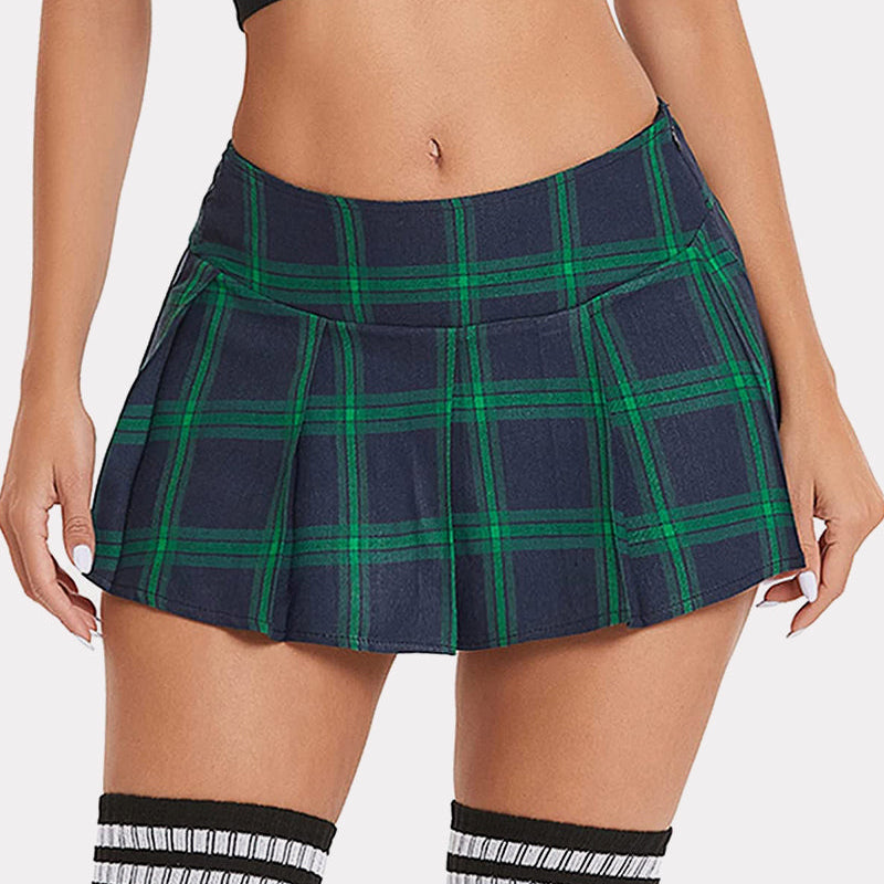 Green and navy plaid mini skirt. Pleated design, soft fabric, and comfortable style for women.