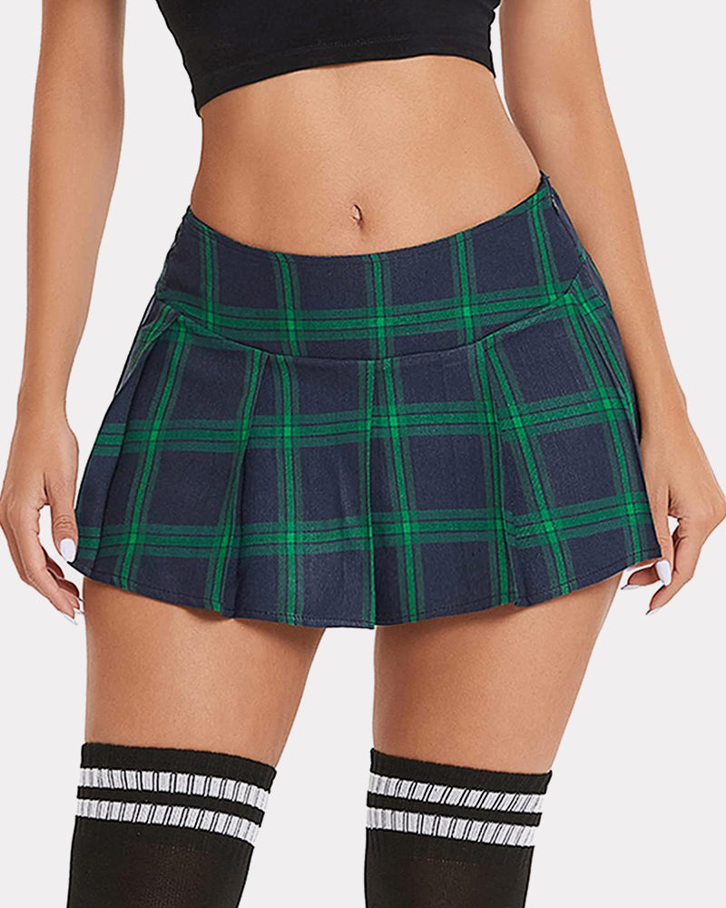 Green and navy plaid mini skirt. Pleated design, soft fabric, and comfortable style for women.