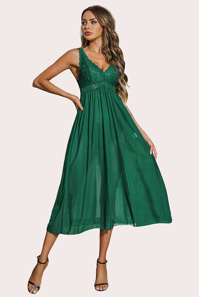 Green lace mesh V-neck babydoll chemise lingerie for women, elegant nightwear