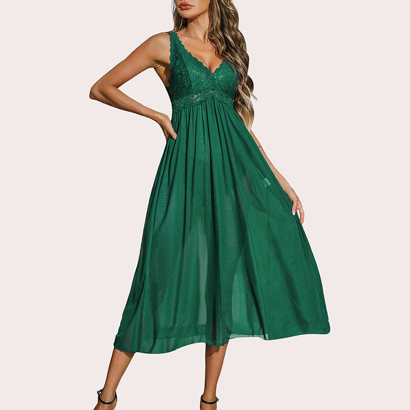 Green lace mesh V-neck babydoll chemise lingerie for women, elegant nightwear