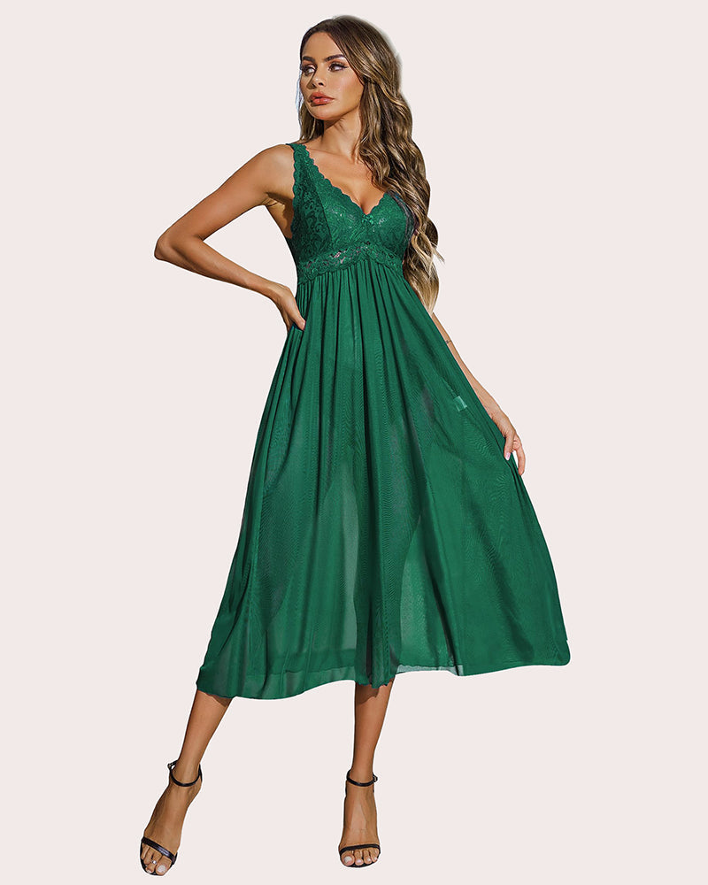 Green lace mesh V-neck babydoll chemise lingerie for women, elegant nightwear