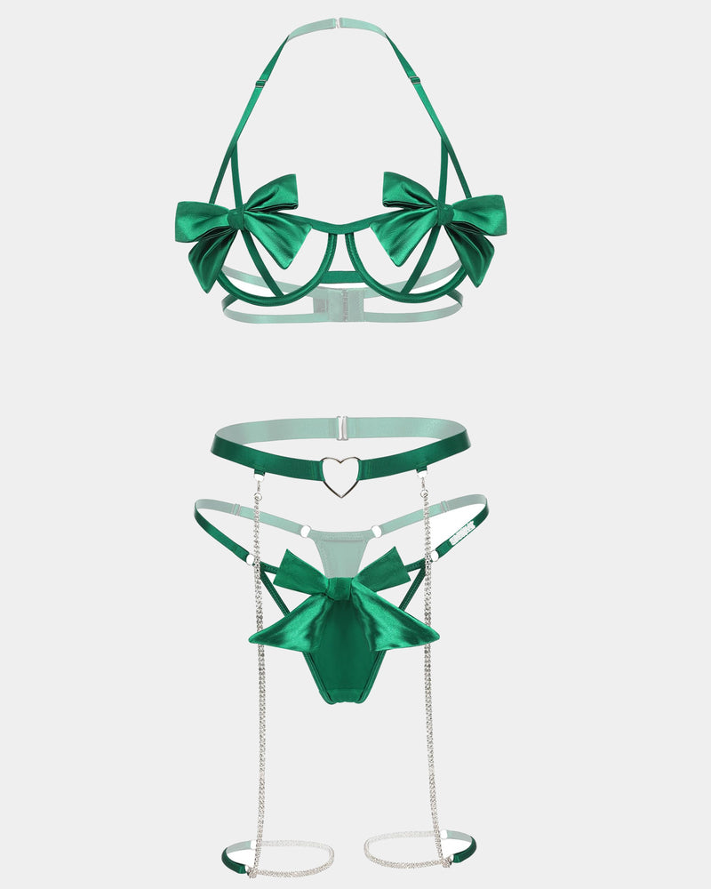 Green satin bow lingerie set, heart garter belt, chain details, and thigh straps