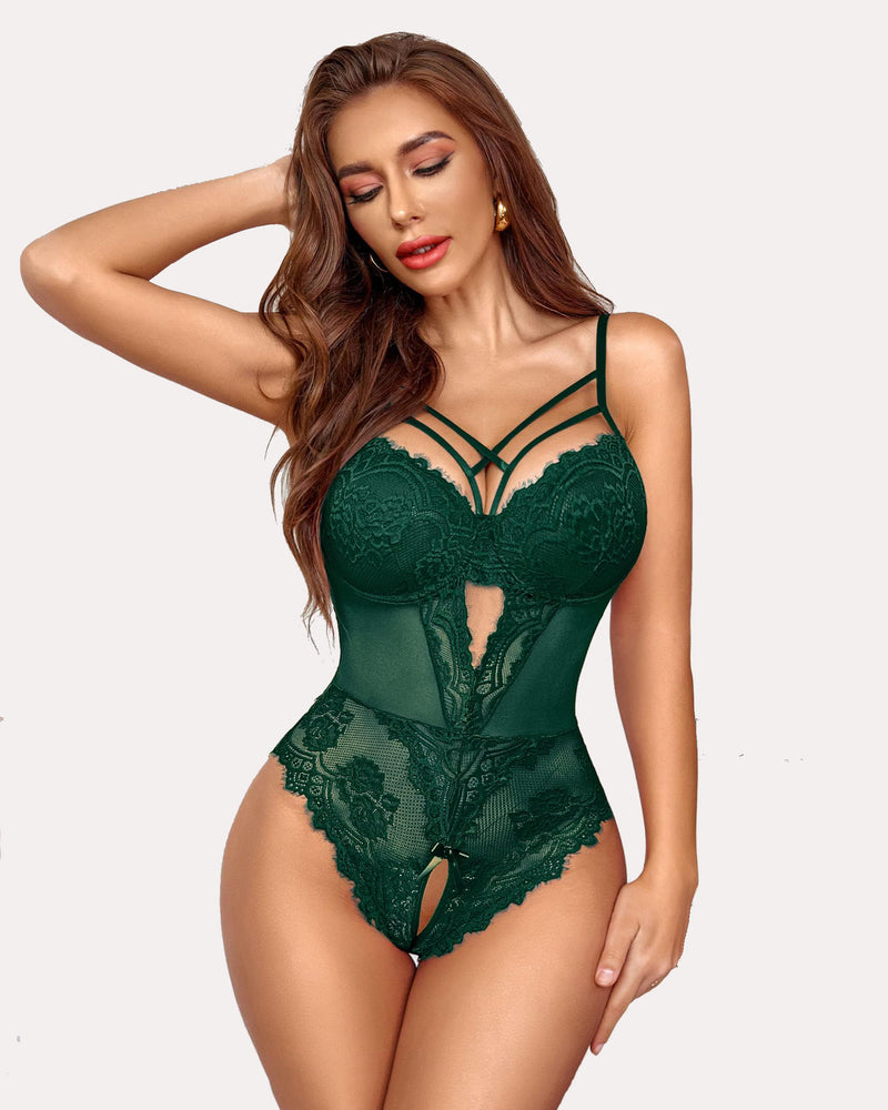 Green lace crotchless bodysuit with cut-out, push-up underwire. Sexy lingerie for confidence.