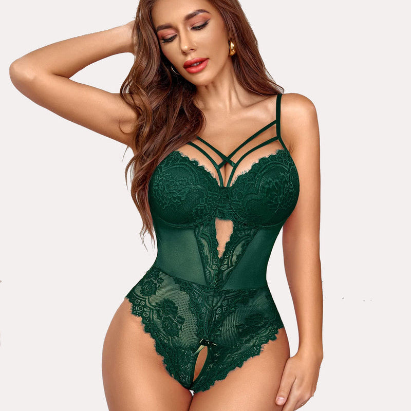 Green lace harness bodysuit, cut-out detail, sensual lingerie design for confidence.
