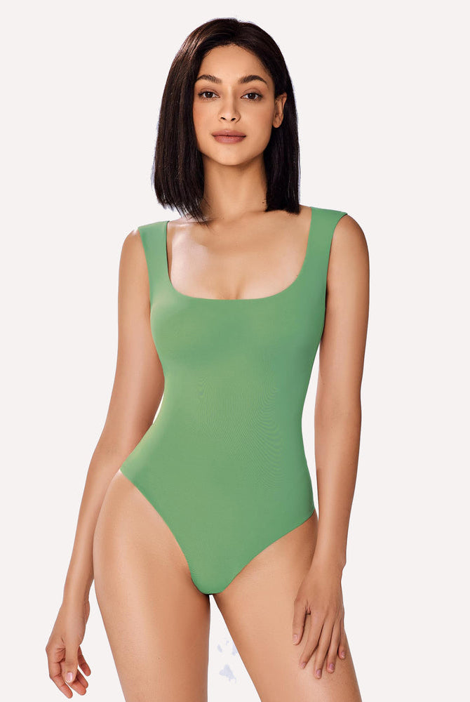 Avidlove olive green square neck bodysuit, smooth fit shapewear highlighting body curves.