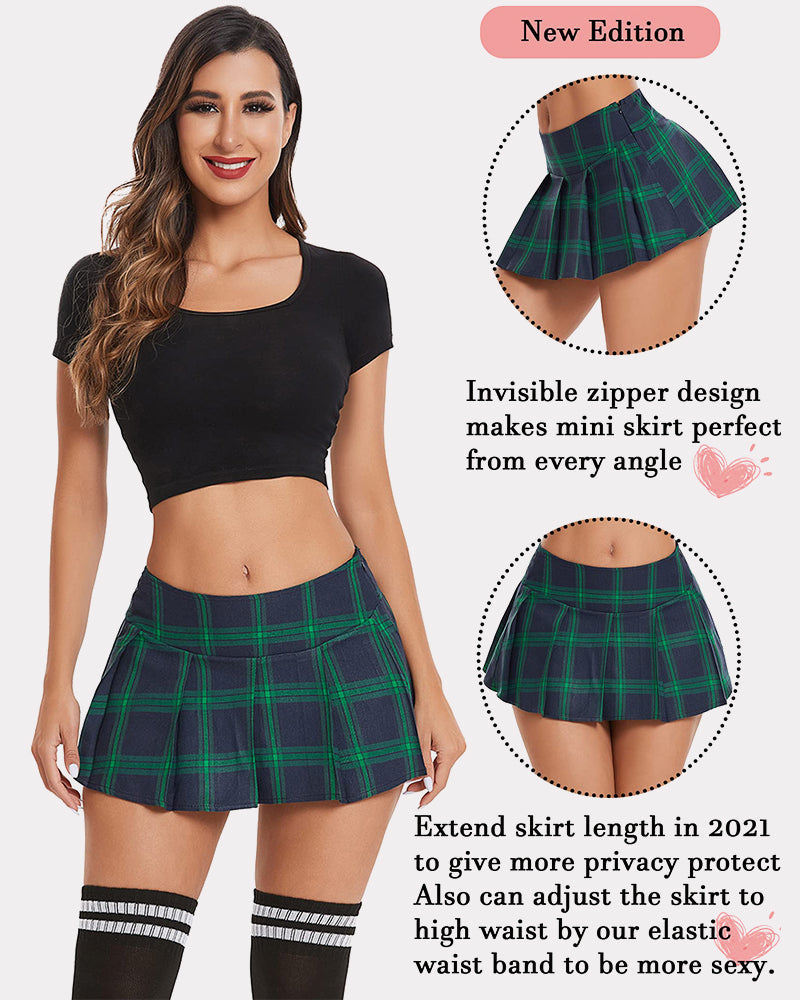 Navy and green plaid mini skirt with pleats, features invisible zipper and elastic waist design.