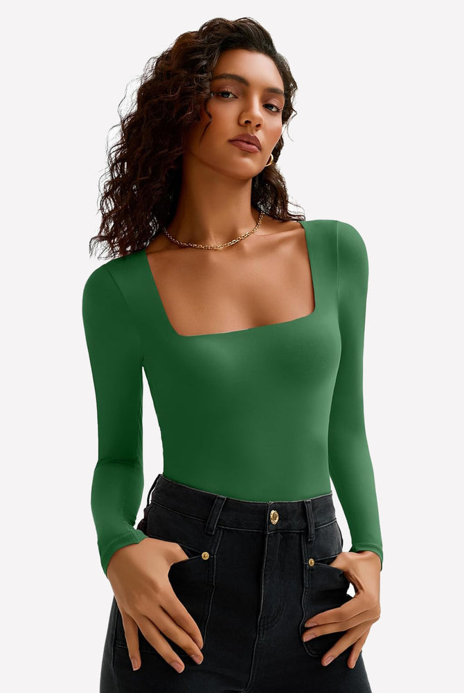 Green square neck long sleeve bodysuit. Ultra-stretchy, form-fitting design, perfect for bodyline.