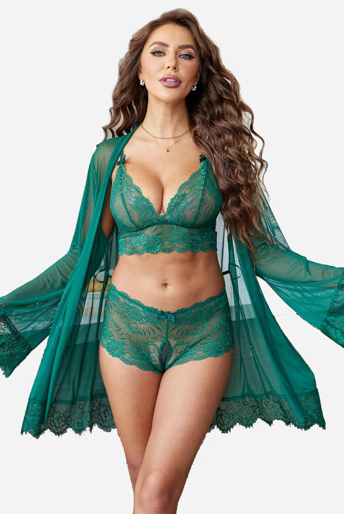 Avidlove Teal Green Lingerie Set: Lace robe, bra, and shorts; perfect sleepwear and nightwear.