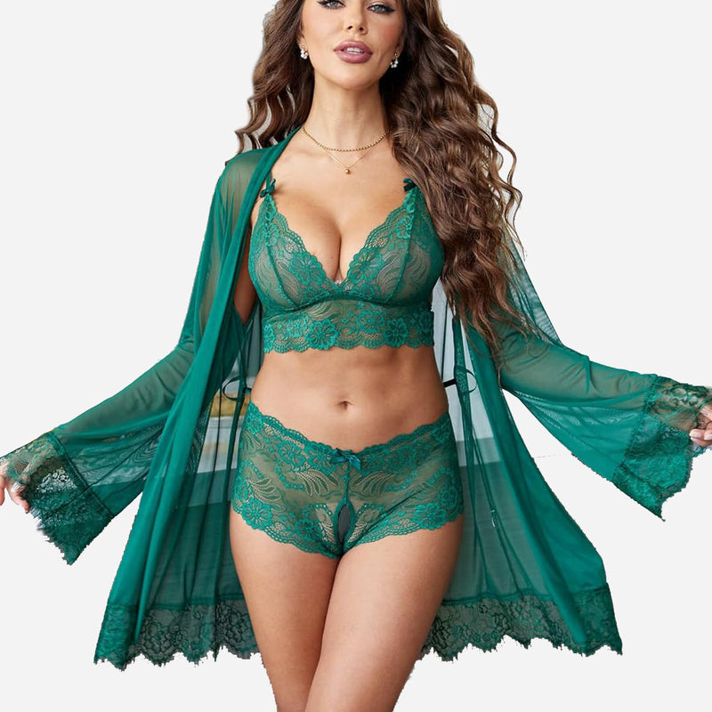 Avidlove Teal Green Lingerie Set: Lace robe, bra, and shorts; perfect sleepwear and nightwear.