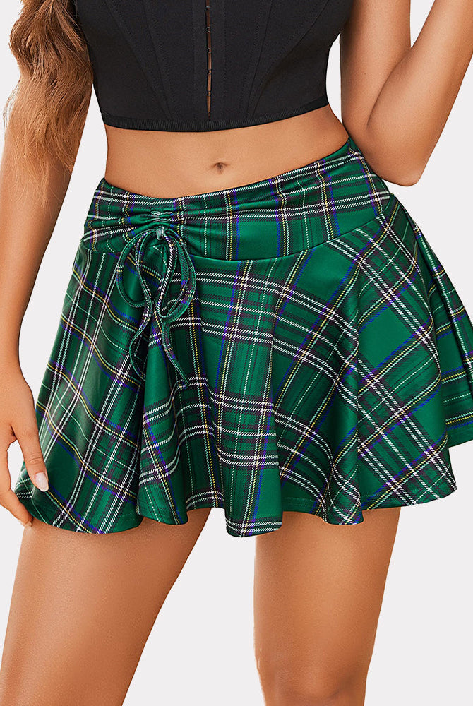 Green plaid mini skirt, A-line, drawstring detail. High-waisted summer skirt from Avidlove.
