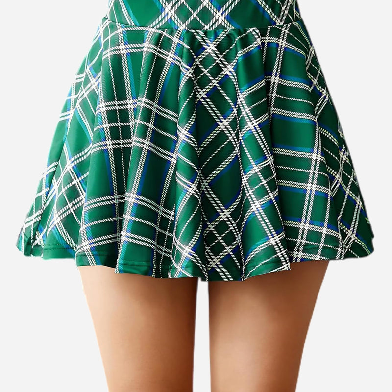 Green plaid A-line mini skirt; high waist, comfortable and breathable schoolgirl style.