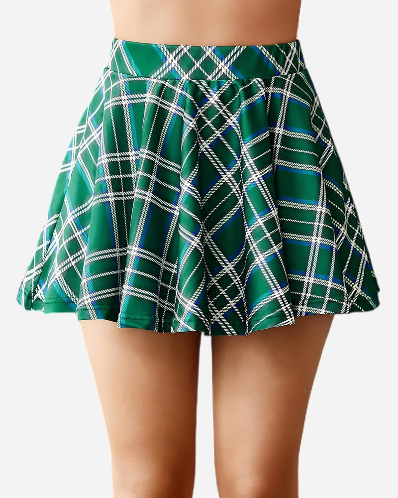 Green plaid A-line mini skirt, comfortable and stylish schoolgirl outfit, flared design, high waist.