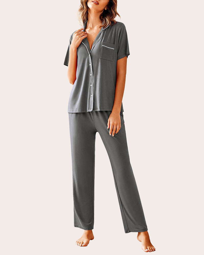 Gray notch collar pajamas set. Soft, comfy women's sleepwear with white trim and button-down design.