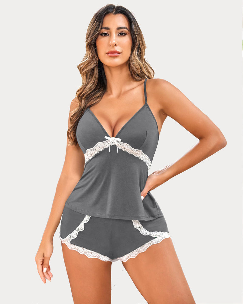 Avidlove gray modal cami sleep set, lace trim, bow detail, comfortable sleepwear