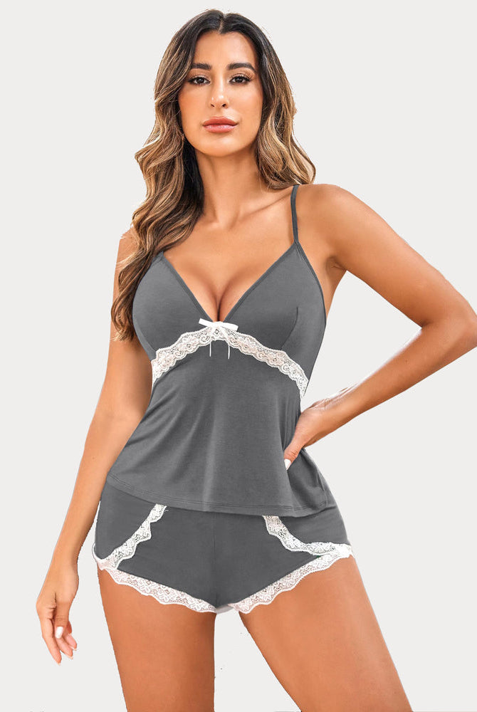 Gray cami pajama set with white lace trim. Soft, stretchy, and comfortable sleepwear for women.