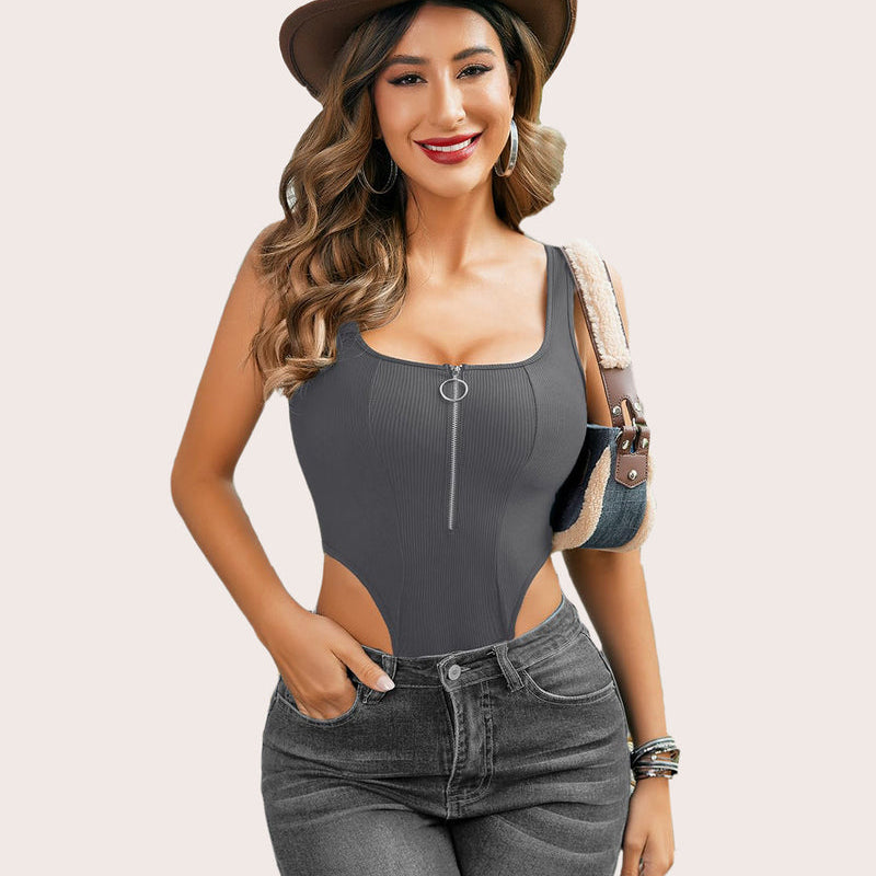 Charcoal ribbed bodysuit with square neck and zip-up design. Sexy women's tank top for streetwear.
