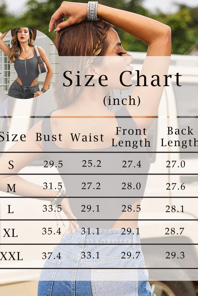 Size chart for high-cut zip-up tank top bodysuit, bust, waist, and length measurements.