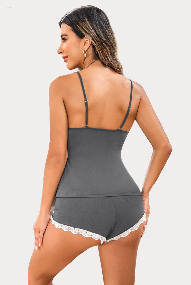 Grey cami set with white lace trim shorts. Soft and stretchy pajama set for women.