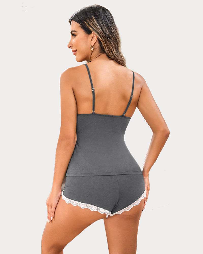 Gray cami short pjs set with lace trim for women. Comfortable and sexy sleepwear. Adjustable straps.