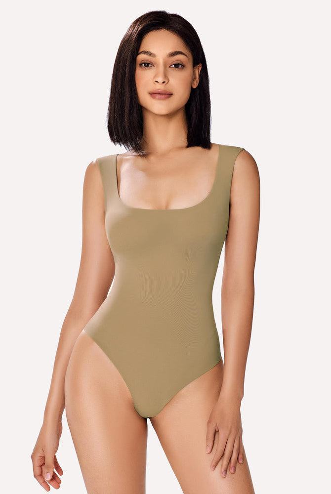Avidlove square neck bodysuit shapewear in tan. Smoothing, shaping design. Perfect for bodyline.