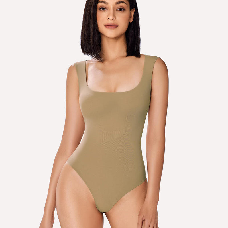 Olive green square neck bodysuit, form-fitting shapewear for a smooth bodyline
