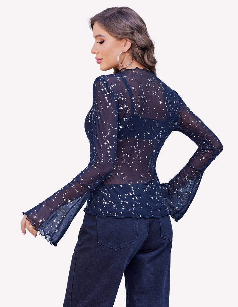 Navy blue star print mesh top with bell sleeves, a stylish and confident look, perfect for layering
