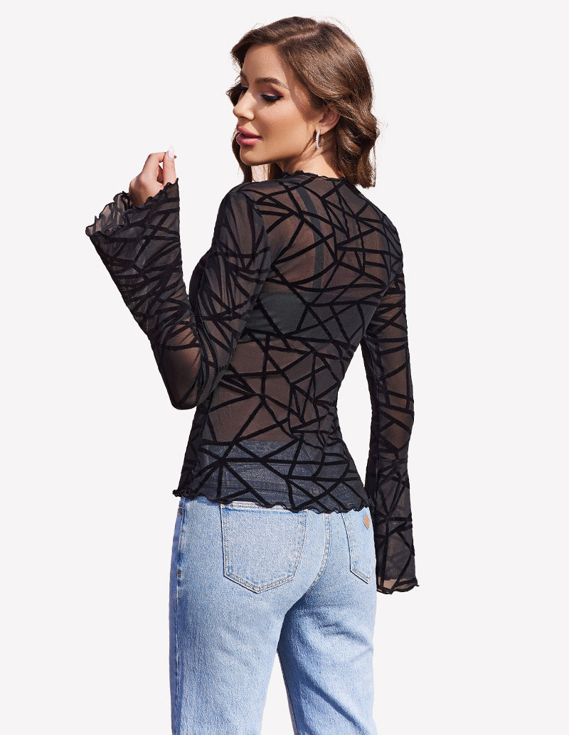 Black mesh top with bell sleeves and geometric pattern. Shop Mesh Tops Long Bell Sleeve Blouses.