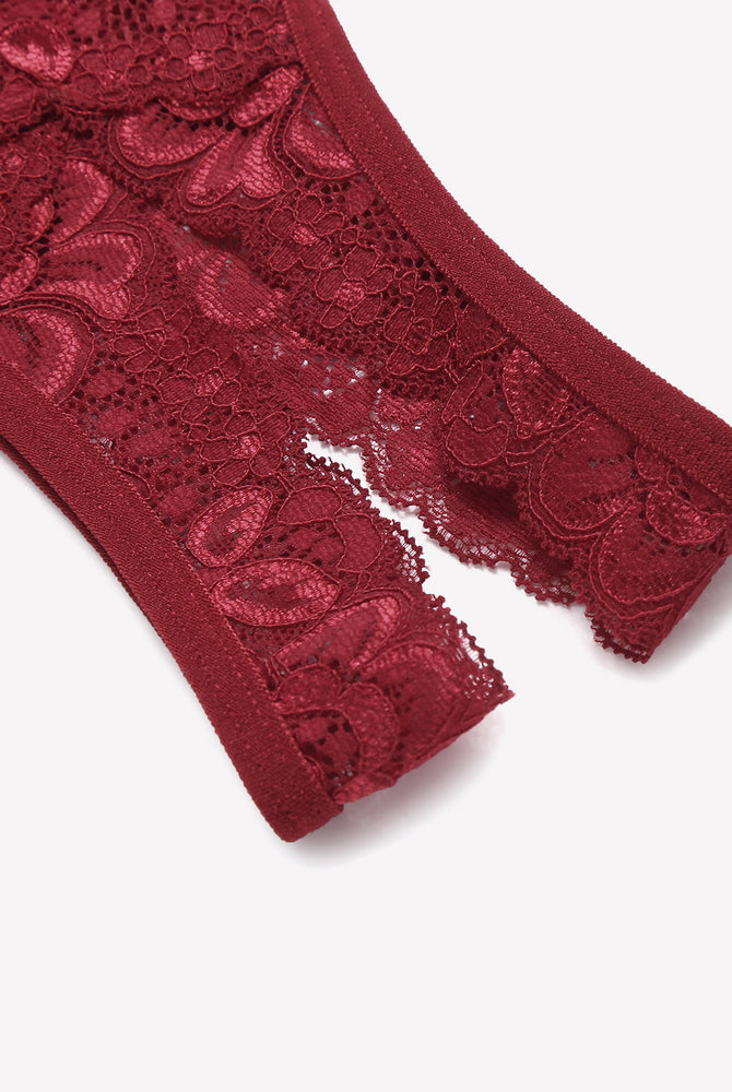 Burgundy lace V-shape cheeky panties, low-rise design, floral lace detail, sexy lingerie by Avidlove