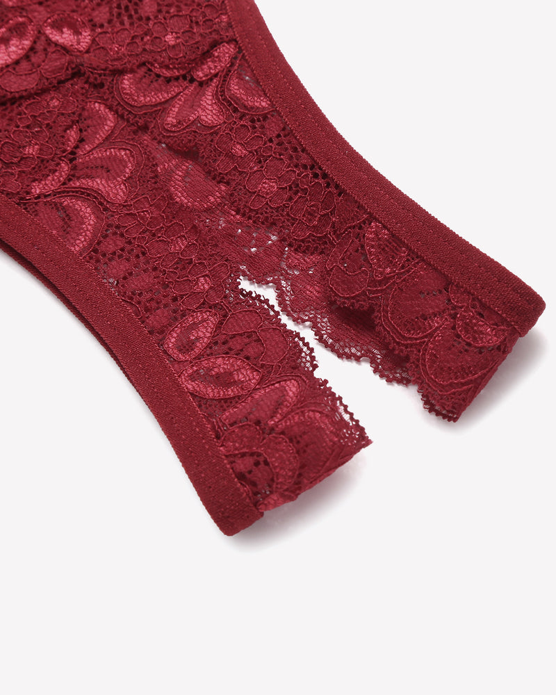 Burgundy lace V-shape cheeky panties, low-rise design, floral lace detail, sexy lingerie by Avidlove