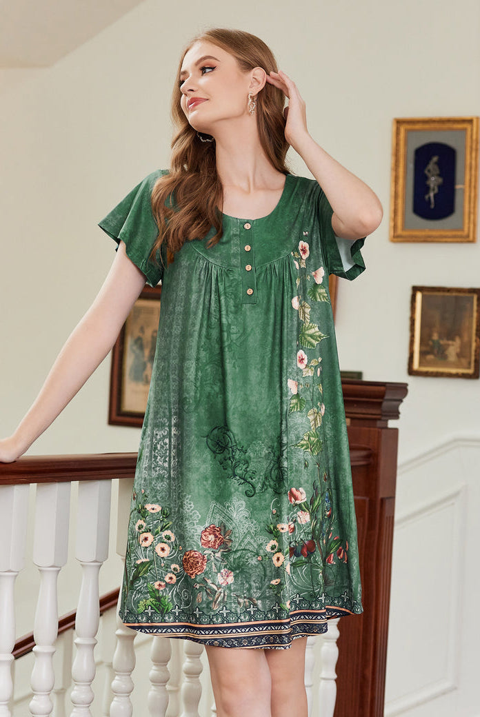 Women’s short sleeve green floral dress with button front, scoop neck.