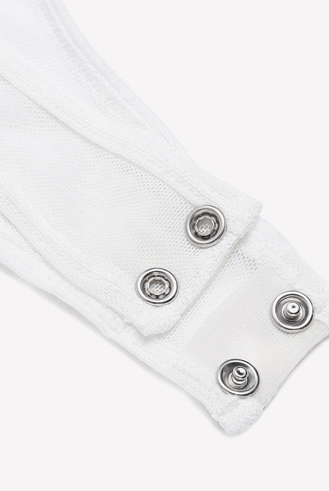 White mesh bodysuit snap closure detail, sleeveless, ruched, clubwear