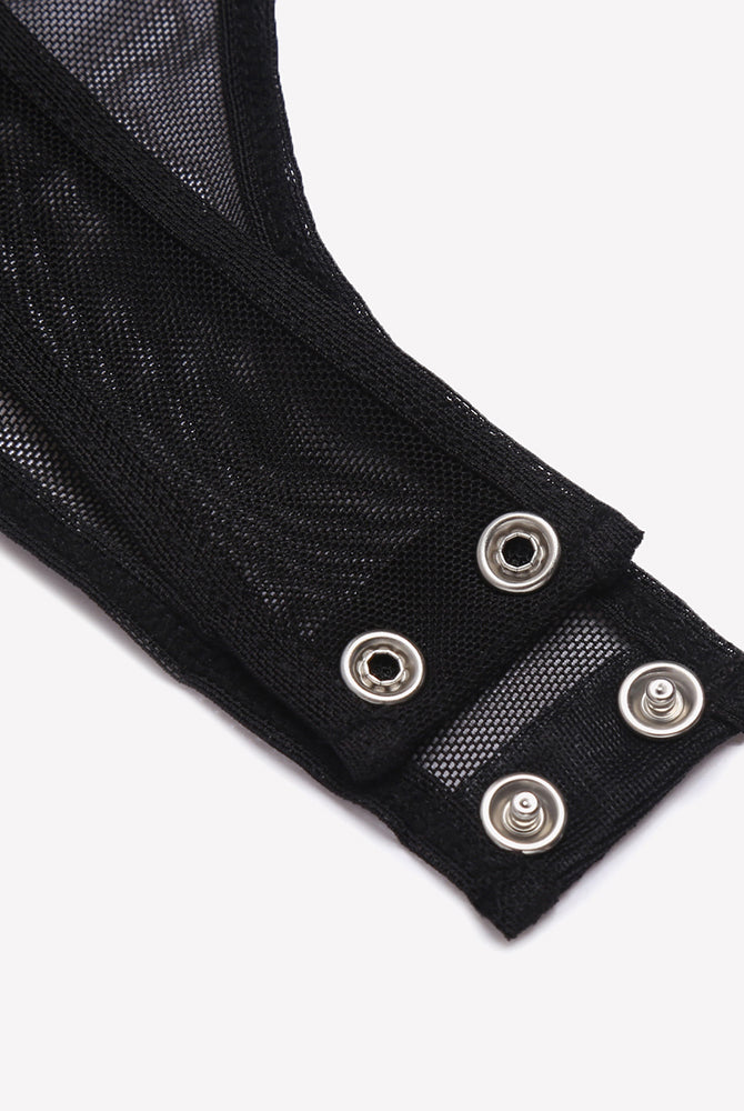 Black mesh bodysuit snap closure detail, clubwear