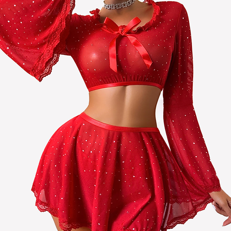Sparkly Sheer Mesh 3 Piece Bell Sleeve Crop Top with Mini Skirt