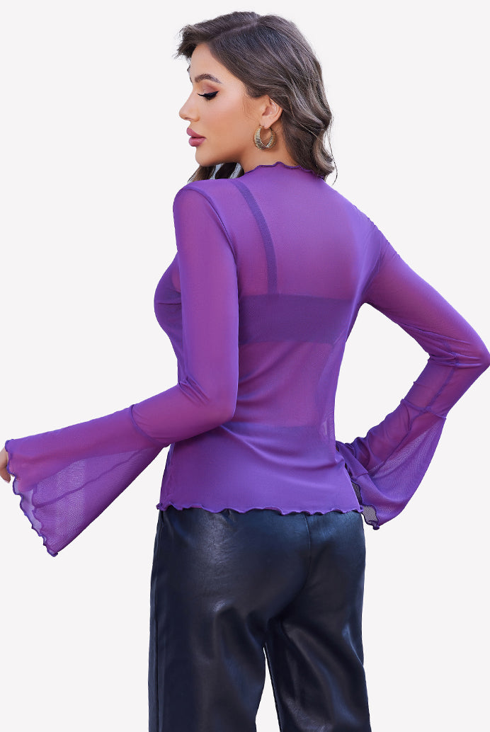 Purple mesh bell sleeve top with mock neck and black leather pants, a stylish look for women