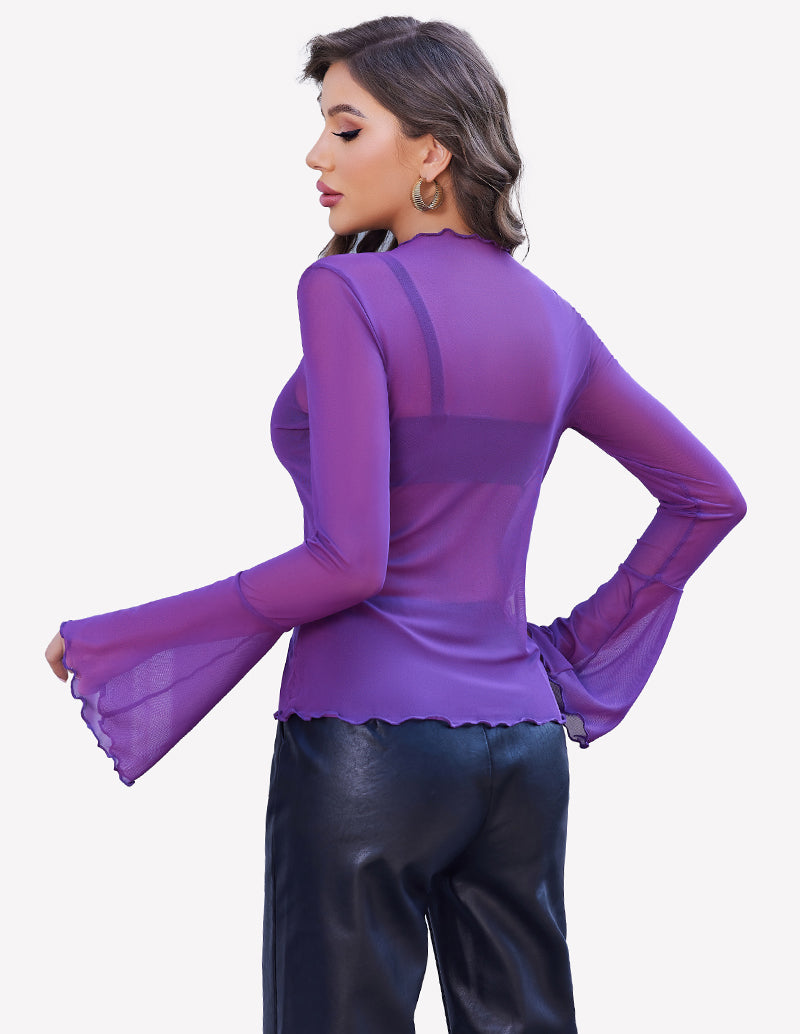 Purple mesh bell sleeve top with mock neck and black leather pants, a stylish look for women