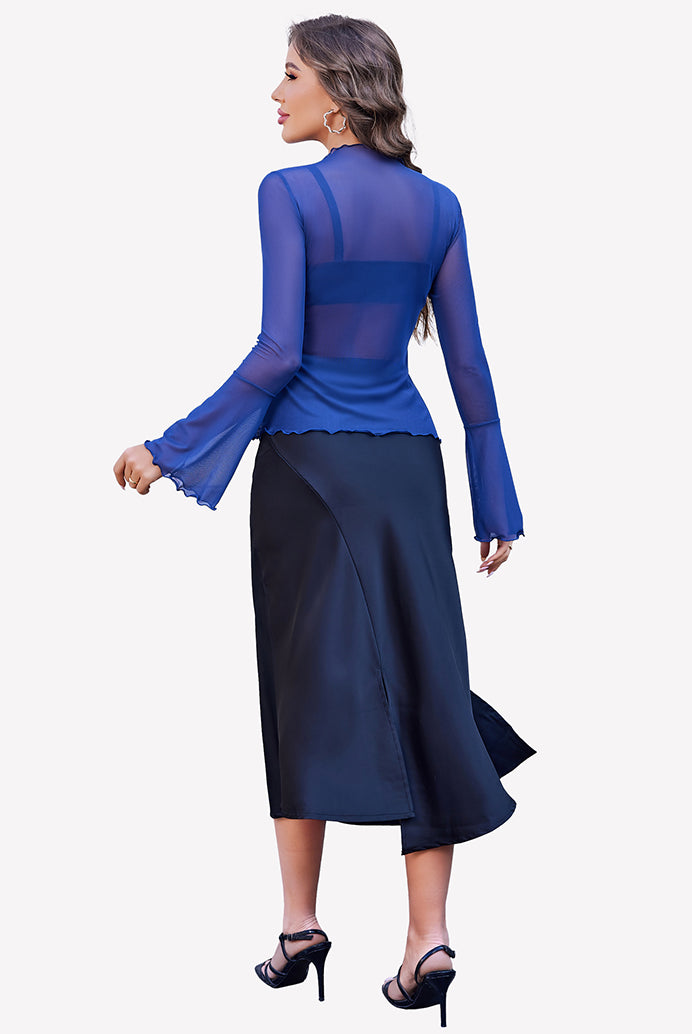 Blue mesh top with bell sleeves and black skirt, a stylish and confident look for women