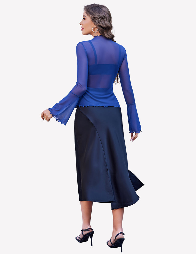 Blue mesh top with bell sleeves and black skirt, a stylish and confident look for women