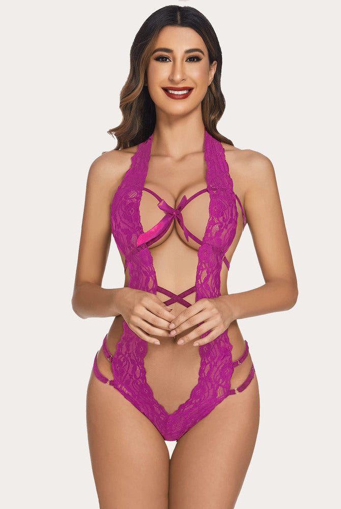 Fuchsia lace deep V halter teddy lingerie with bow and adjustable straps, sexy lingerie for women.