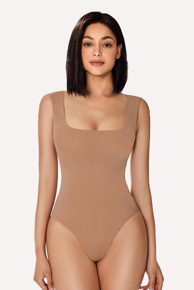 Avidlove tan square neck bodysuit shapewear, designed for a smooth fit and highlighting body curves.
