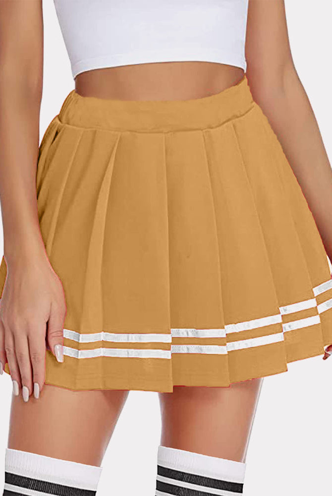 Mustard yellow pleated mini skirt with white stripes, high waist, school uniform style, for women