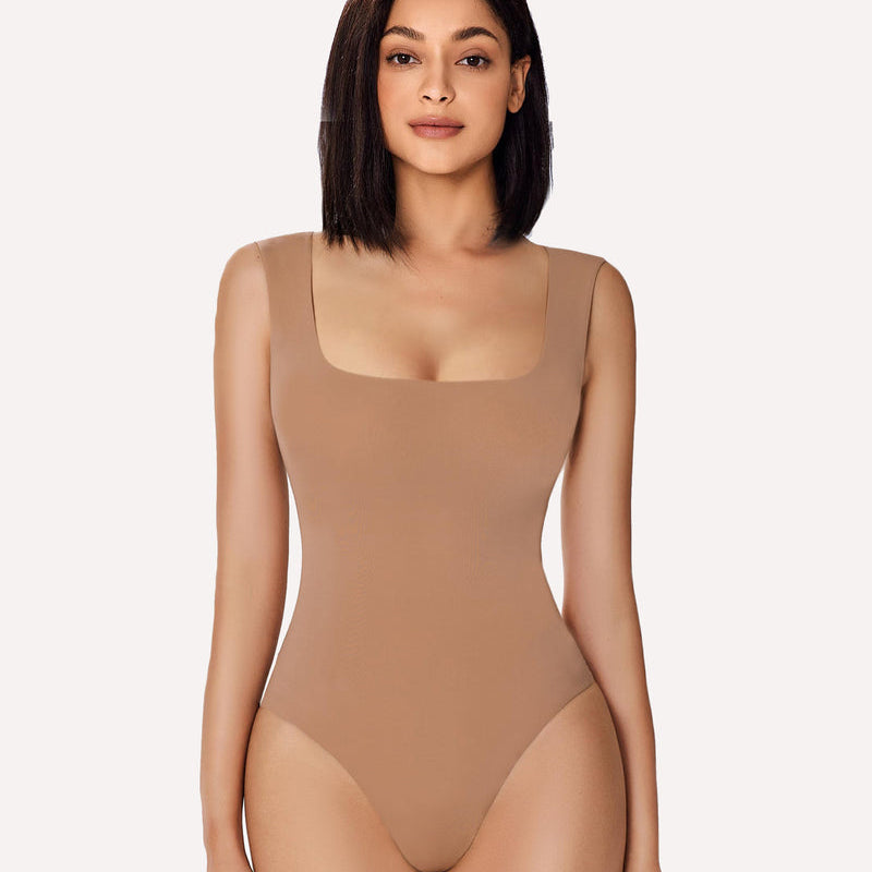 Square neck shapewear bodysuit in light brown, form-fitting and smooth bodyline