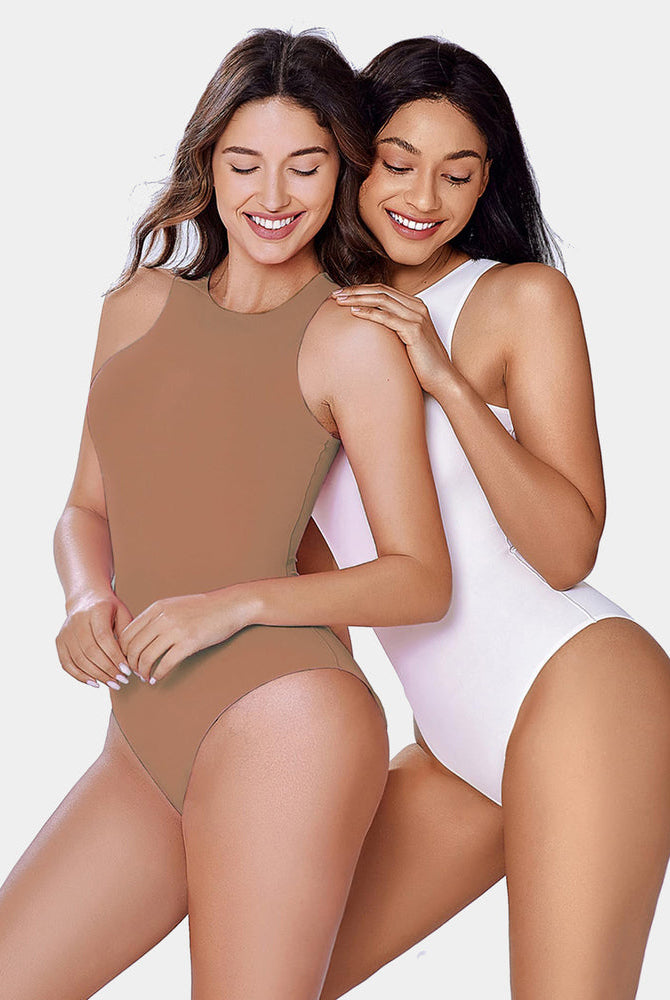 Avidlove double-lined tank bodysuits, two models in tan and white, with mock neck shapewear design