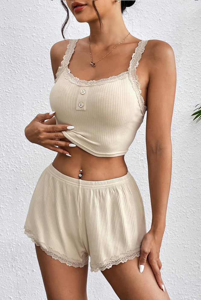 Beige ribbed lace trim pajama set: cami top with buttons and shorts, comfortable sleepwear