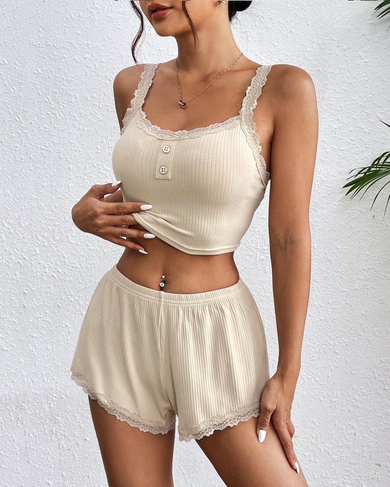 Beige ribbed lace trim pajama set: cami top with buttons and shorts, comfortable sleepwear