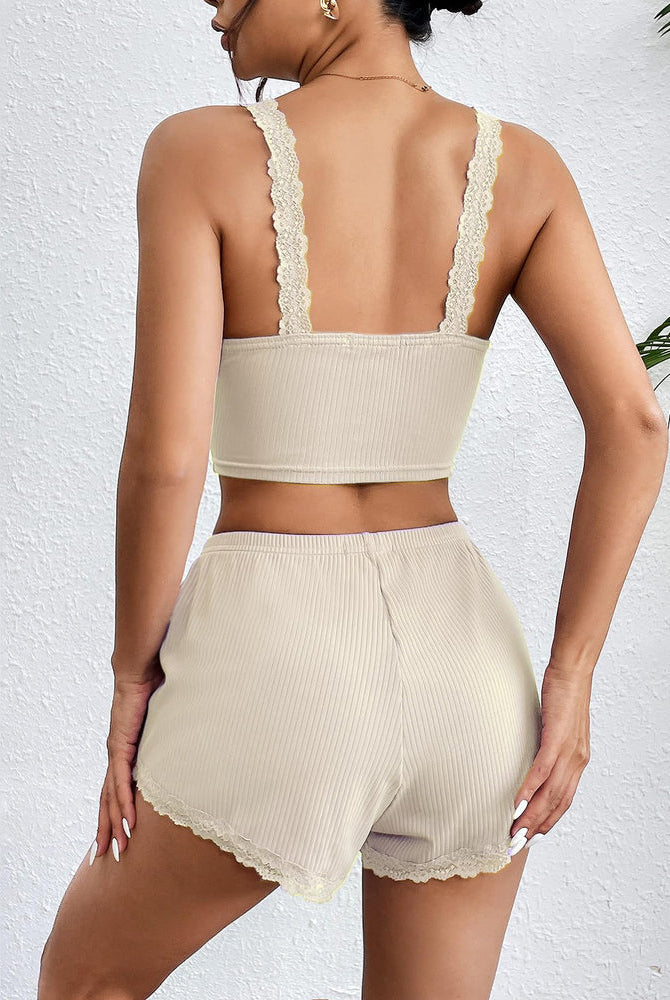Beige ribbed lace trim pajama set with cami top and shorts, comfortable sleepwear