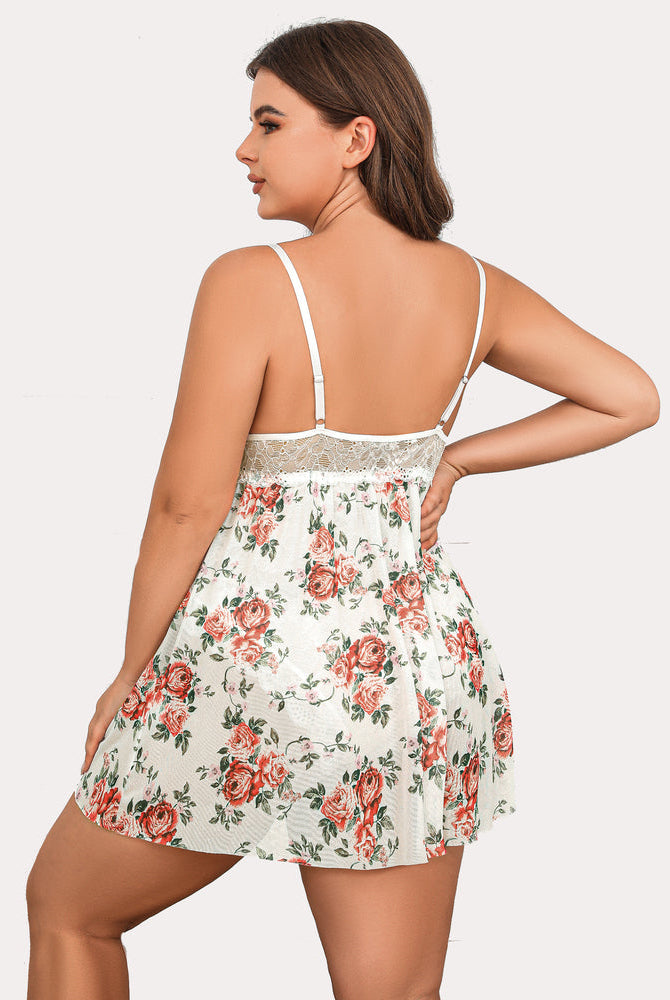 Plus Size White Floral Lace Babydoll Nighty with Adjustable Straps and Thong Back