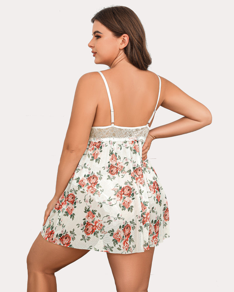 Plus size white floral babydoll teddy lingerie with lace cups and adjustable straps