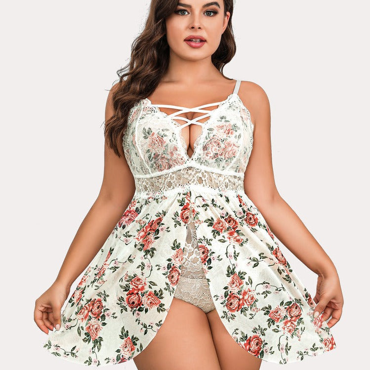 Plus Size Floral Babydoll Teddy Lingerie with Lace Cups and Criss-Cross Straps